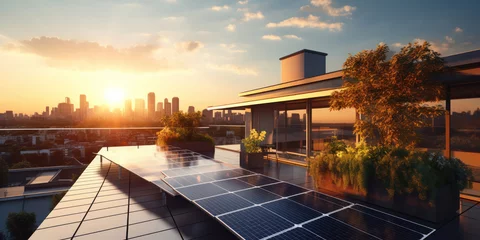Foto op Plexiglas Eco-friendly apartments harness sunlight with rooftop solar panels © Malika