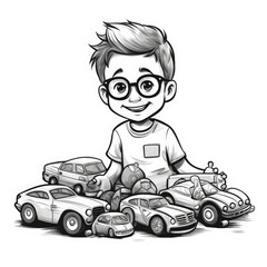 Cute 1st grade boy smiling and playing with toy cars, pixar style kids coloring page