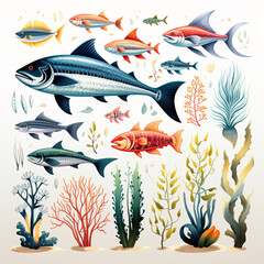 sea fish pattern - Ai - obrazy, fototapety, plakaty