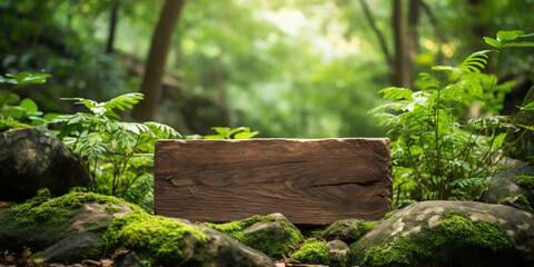 Fototapeta premium A rustic wooden sign nestled among the dense greenery of a lush forest