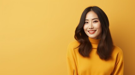 Fototapeta premium Beautiful attractive Asian female in colorful sweater smile cheerful standing against plain background, young happy freelance or designer worker woman soft skin charming face and long curly hairstyle