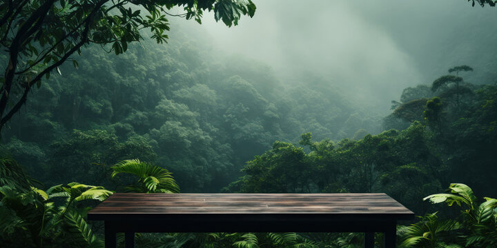 table with a jungle motif stands in the midst of a misty rainforest, the foliage creating a serene backdrop
