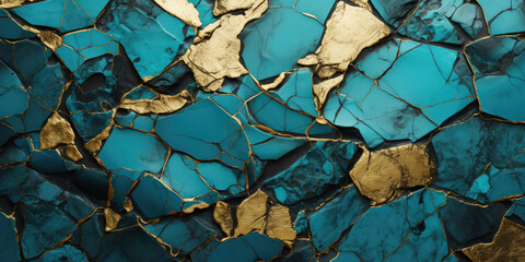Cracked earth takes on an artistic form, with golden veins highlighting the turquoise fragments