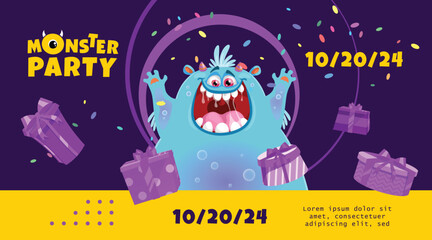 Monster Party Banner Template with Funny Monsters. Happy Birthday Greeting or Invitation Design Template for Anniversary in Cartoon Style. Vector Illustration.