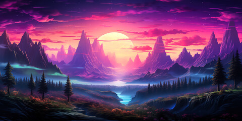 Vivid neon colorful vaporwave synthwave fantasy retro landscape with forest and mountains, wide banner background - obrazy, fototapety, plakaty