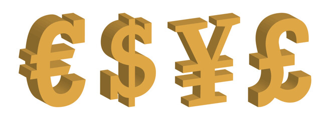 Euro, Dollar, Yen, and Pound 3D sign. Golden currency symbols isolated on transparent background.