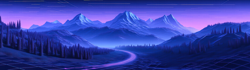 Vibrant dark blue synthwave landscape with mountains and road through forest, ultrawide panorama banner background