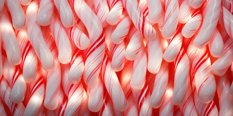 Sea of candy canes creates a delightful red and white striped pattern, sparkling with frost
