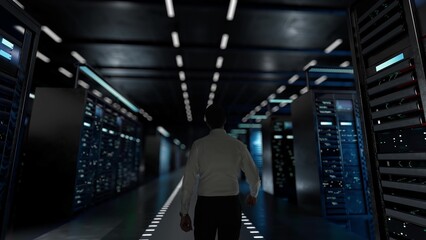 Public Relations. IT Administrator Activating Modern Data Center Server with Hologram.