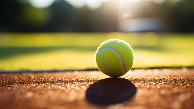 tennis ball on the court.tennis ball in the ground photgraphy - Closeup photo of a yellow tennis ball on the ground on the court outdoors. Sun shines on it. Ai