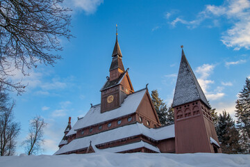 Stabkirche Hahnenklee Harz Goslar im Winter