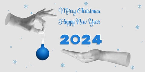 Merry Christmas and Happy New Year lettering on white background. One hand holds inscription 2024,...
