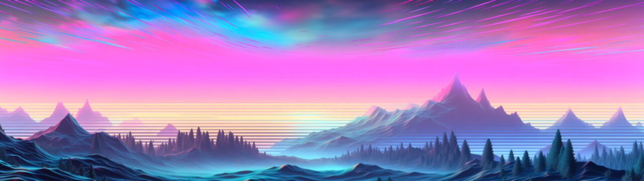 Retro sythwave style pink and blue landscape with mountains, ultrawide banner panorama background