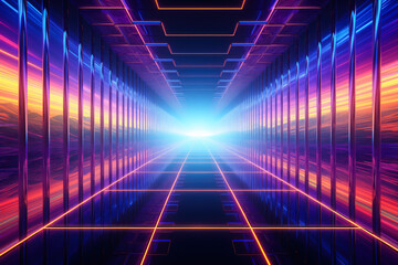 Neon cyberpunk synthwave aesthetic empty hallway background