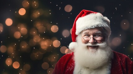 Smiling Santa Claus with blurry Christmas tree background with copy space