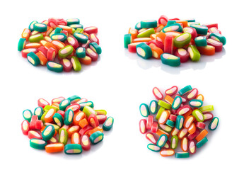 Piles of delicious colorful jelly candies on white background