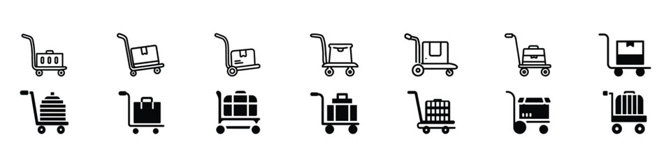 Naklejka premium handcart vector icon, Handcart icon, A handcart with a box vector. Black single handcart 2 heavy cargo boxes line icon, Set icons of shopping baskets and carts, Set of shopping cart icons. 