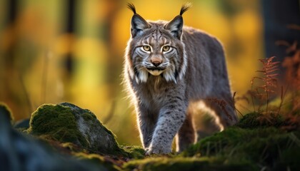 Obraz premium Close-up of a Eurasian Lynx Walking on a Field