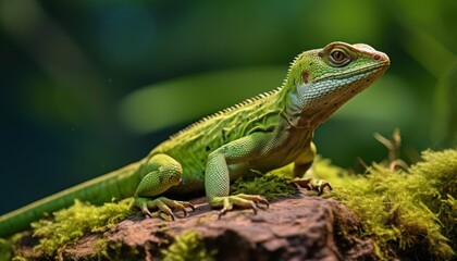 Fototapeta premium Close-Up of a European Green Lizard on Mossy Surface