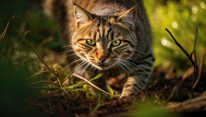 Obraz premium A Wildcat Walking Through Sunlit Grass
