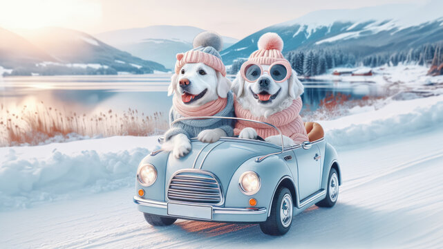 Winter holiday background with a couple cute dog traveling by car.