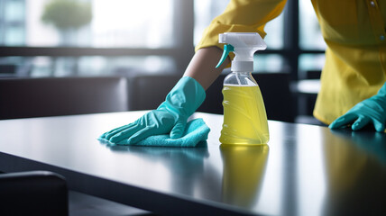 Woman's hand cleaning the room Cleaning staff used clothes and sprayed disinfectant to wipe down tables in company offices. Cleaning staff - obrazy, fototapety, plakaty