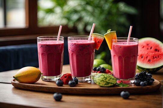 different colorful smoothies with fruits, vibrant colors, tropical plant backgrounds, smoothie photography