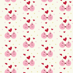 Seamless pattern with cute cats and hearts on yellow background vector illustration