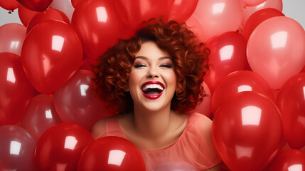Gleeful redhead with a balloons background