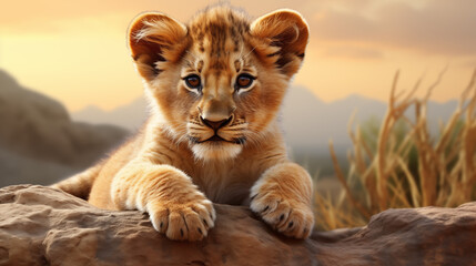 A lion cub lying on a rock.