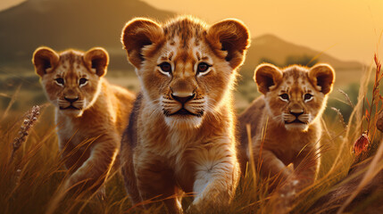 A group of baby lions in a field. - obrazy, fototapety, plakaty