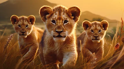 Foto op Canvas A group of baby lions in a field. © LAJT