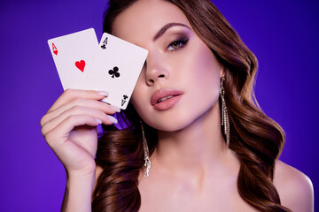 Photo of chic attractive hot lady cover face with two ace poker cards feel winning lucky desire passion
