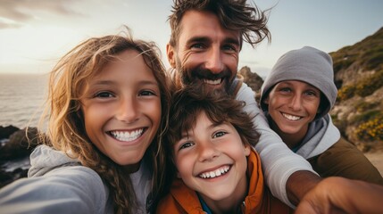 Joyful Family Selfie: A Woman Captures Moments of Love and Unity - obrazy, fototapety, plakaty