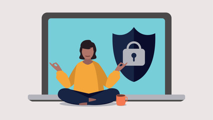 Vektor-Illustration einer Person, die entspannt vor einem Laptop Yoga macht - Online-Sicherheitskonzept