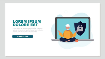 Vektor-Illustration einer Person, die entspannt vor einem Laptop Yoga macht - Online-Sicherheitskonzept