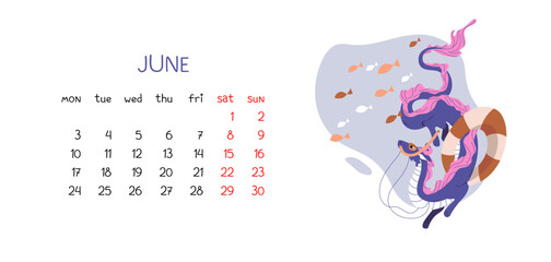 Horizontal calendar for 2024 for month of June with Chinese dragon. Monthly schedule vector illustration isolated on white. Lunar New Year symbol swims in mask and circle underwater with fish.