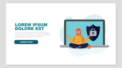 Vektor-Illustration einer Person, die entspannt vor einem Laptop Yoga macht - Online-Sicherheitskonzept