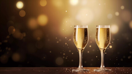 Happy new year celebreation with champagne glasses with gloden bokeh background.Champagne Toast Celebration.