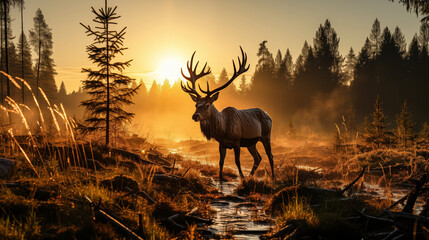 Big male Bull red deer in deep moose coniferous forest in rays of sunset