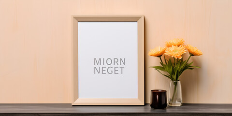  photo frame on a table mockup, frame on the background of the wall and the table, with a vase and flowers. Mockup, Photo frame mockup background with sun flower and white card inside. Generative AI.