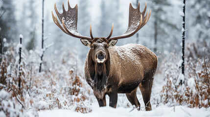 Naklejka na ściany i meble Big male Bull red deer in deep moose coniferous forest in rays of sunset
