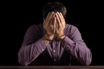 Businessman arrested for corruption. Man in a suit with handcuffs on his hands.
