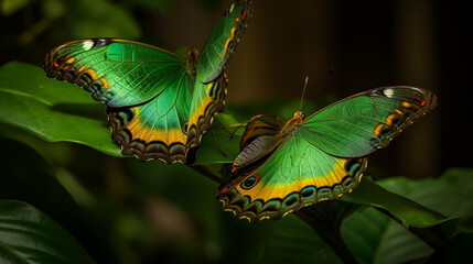 Exotic butterflies on green leaves selective focus. Generative AI,