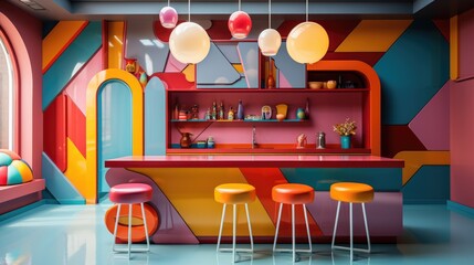cuisine excentrique vintage avec des couleurs pop, flashy et retro