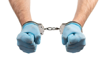 male hands in handcuffs and medical glove on white background