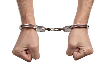 Man's hands in handcuffs on a white background, isolated - obrazy, fototapety, plakaty