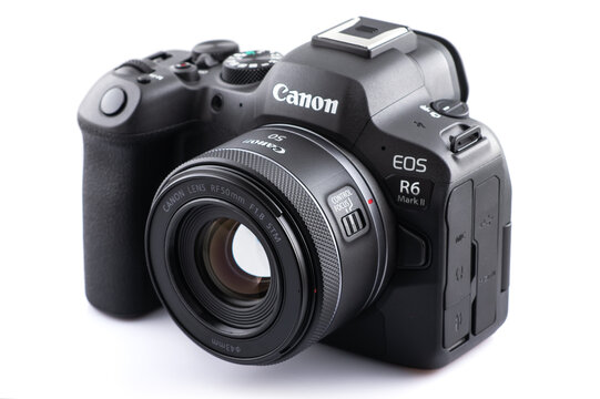 Dnipro, Ukraine 29 nov, 2023:. Canon EOS R6 mark II Camera on a white background. Canon's new mirrorless camera