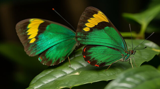 Exotic butterflies on green leaves selective focus. Generative AI,