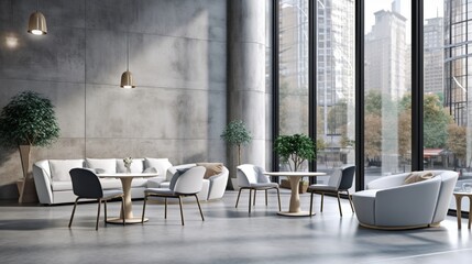 Corner of stylish cafe with white and gray walls, concrete floor, round tables with sofas and white chairs and windows with blurry cityscape